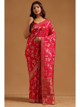 Soch - Fuchsia Crepe Handloom Zari Woven saree With Blouse Piece