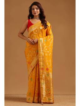 Soch - Yellow Crepe Handloom Zari Woven saree With Blouse Piece