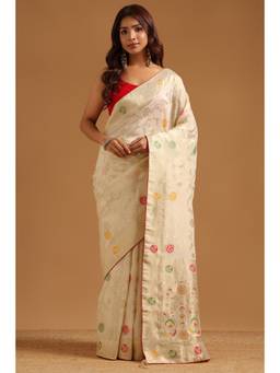Soch - Cream Crepe Handloom Zari Woven saree With Blouse Piece