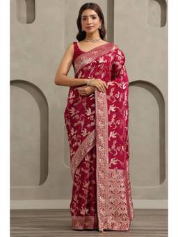 Soch - Wine Crepe Handloom Zari Woven saree With Blouse Piece