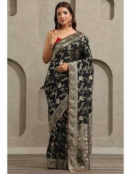 Soch - Black Crepe Handloom Zari Woven saree With Blouse Piece