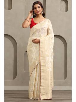Soch - Cream Crepe Handloom Zari Woven saree With Blouse Piece
