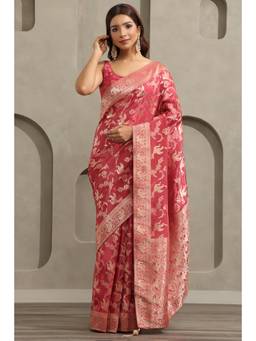 Soch - Onion Pink Crepe Handloom Zari Woven saree With Blouse Piece