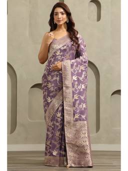 Soch - Lavender Crepe Bird Handloom Zari Woven saree With Blouse Piece