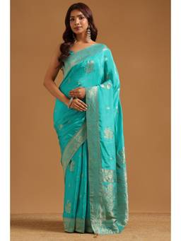Soch - Turquoise Blue Crepe Handloom Zari Woven saree With Blouse Piece