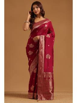 Soch - Wine Crepe Handloom Zari Woven saree With Blouse Piece