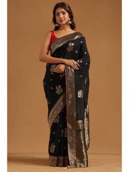 Soch - Black Crepe Handloom Zari Woven saree With Blouse Piece