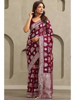 Soch - Wine Satin Handloom Zari Woven saree With Blouse Piece