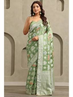 Soch - Olive Satin Handloom Zari Woven saree With Blouse Piece