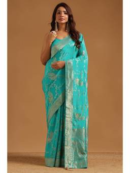 Soch - Turquoise Blue Satin Handloom Zari Woven saree With Blouse Piece