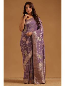 Soch - Lavender Satin Bird Handloom Zari Woven saree With Blouse Piece