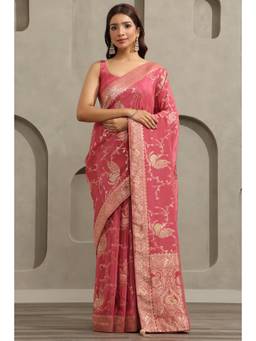 Soch - Onion Pink Satin Bird Handloom Zari Woven saree With Blouse Piece