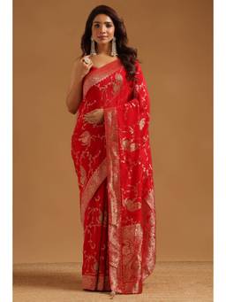 Soch - Red Satin Bird Handloom Zari Woven saree With Blouse Piece