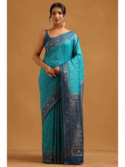 Soch - Turquoise Blue Silk Blend Ethnic Handloom Zari Woven saree With Blouse Piece
