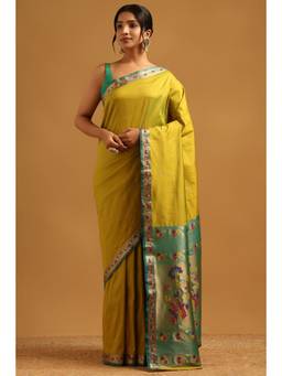Soch - Yellow Silk Blend Ethnic Handloom Zari Woven saree With Blouse Piece