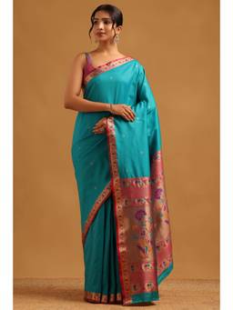 Soch - Turquoise Blue Silk Blend Ethnic Handloom Zari Woven saree With Blouse Piece