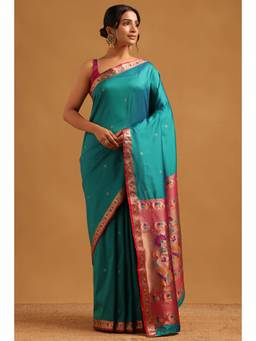 Soch - Blue Silk Blend Ethnic Handloom Zari Woven saree With Blouse Piece
