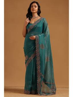 Soch - Teal Fendy Chiffon Stone Embellished saree With Blouse Piece
