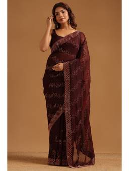 Soch - Maroon Fendy Chiffon Stone Embellished saree With Blouse Piece
