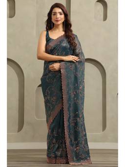 Soch - Green Fendy Chiffon Botanical Stone Embellished saree With Blouse Piece