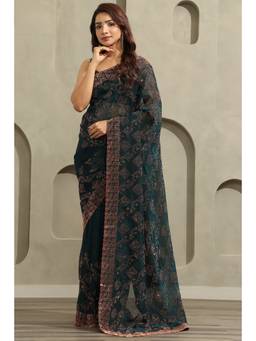 Soch - Green Fendy Chiffon Botanical Stone Embellished saree With Blouse Piece