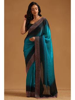 Soch - Teal Fendy Organza Ombre Stone Embellished saree With Blouse Piece