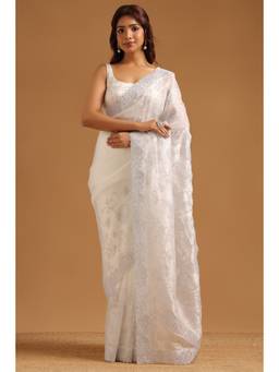 Soch - White Fendy Organza Stone Embellished saree With Blouse Piece