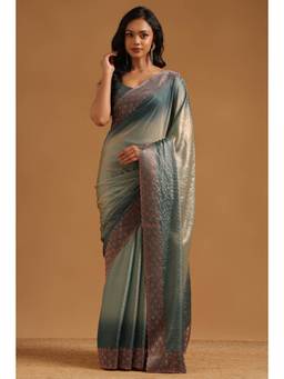 Soch - Teal Blue Fendy Organza Ombre Stone Embellished saree With Blouse Piece