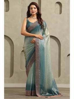 Soch - Teal Blue Fendy Organza Ombre Stone Embellished saree With Blouse Piece