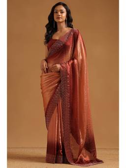 Soch - Maroon Fendy Organza Ombre Stone Embellished saree With Blouse Piece