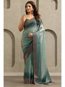 Soch - Turquoise Blue Fendy Organza Ombre Stone Embellished saree With Blouse Piece