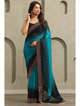 Soch - Blue Fendy Organza Ombre Stone Embellished saree With Blouse Piece