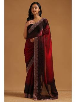 Soch - Maroon Fendy Organza Ombre Stone Embellished saree With Blouse Piece