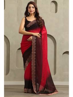Soch - Red Fendy Organza Ombre Stone Embellished saree With Blouse Piece