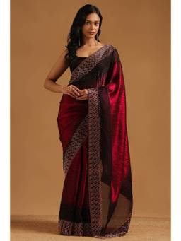Soch - Maroon Fendy Organza Ombre Stone Embellished saree With Blouse Piece