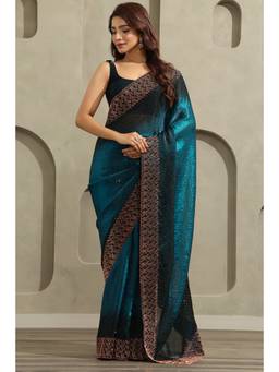 Soch - Blue Fendy Organza Ombre Stone Embellished saree With Blouse Piece