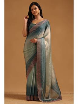 Soch - Turquoise Blue Fendy Organza Ombre Stone Embellished saree With Blouse Piece