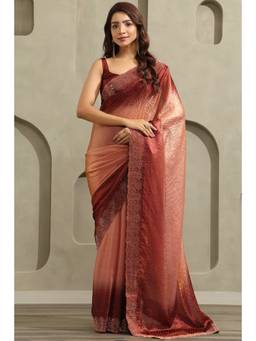 Soch - Maroon Fendy Organza Ombre Stone Embellished saree With Blouse Piece
