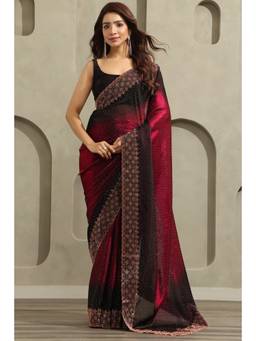 Soch - Maroon Fendy Organza Ombre Stone Embellished saree With Blouse Piece