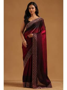 Soch - Wine Fendy Organza Ombre Stone Embellished saree With Blouse Piece