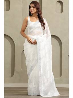 Soch - White Fendy Organza Stone Embellished saree With Blouse Piece