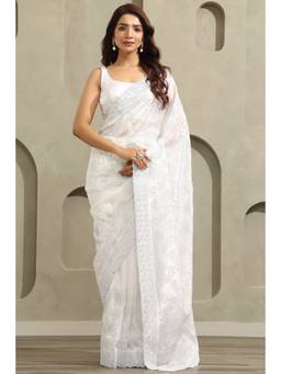 Soch - White Fendy Organza Stone Embellished saree With Blouse Piece