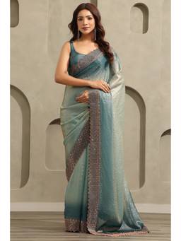 Soch - Turquoise Blue Fendy Organza Ombre Stone Embellished saree With Blouse Piece