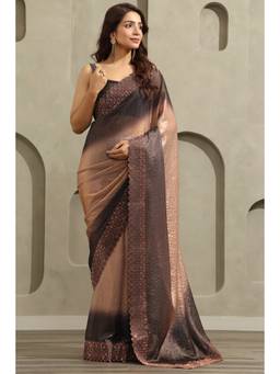 Soch - Brown Fendy Organza Ombre Stone Embellished saree With Blouse Piece