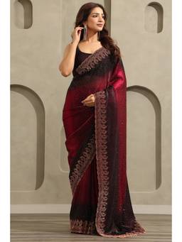 Soch - Wine Fendy Organza Ombre Stone Embellished saree With Blouse Piece