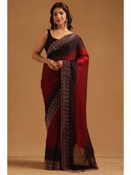 Soch - Maroon Fendy Organza Ombre Stone Embellished saree With Blouse Piece