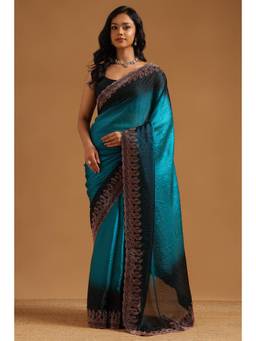 Soch - Turquoise Blue Fendy Organza Ombre Stone Embellished saree With Blouse Piece