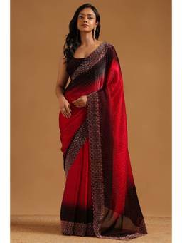 Soch - Red Fendy Organza Ombre Stone Embellished saree With Blouse Piece