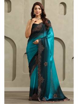 Soch - Blue Fendy Organza Ombre Stone Embellished saree With Blouse Piece