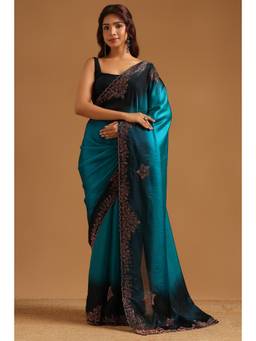 Soch - Turquoise Blue Fendy Organza Ombre Stone Embellished saree With Blouse Piece